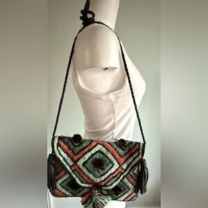 Anthropologie ibBan Handmade Raffia Leather Crossbody Bag Teal Black Tassel